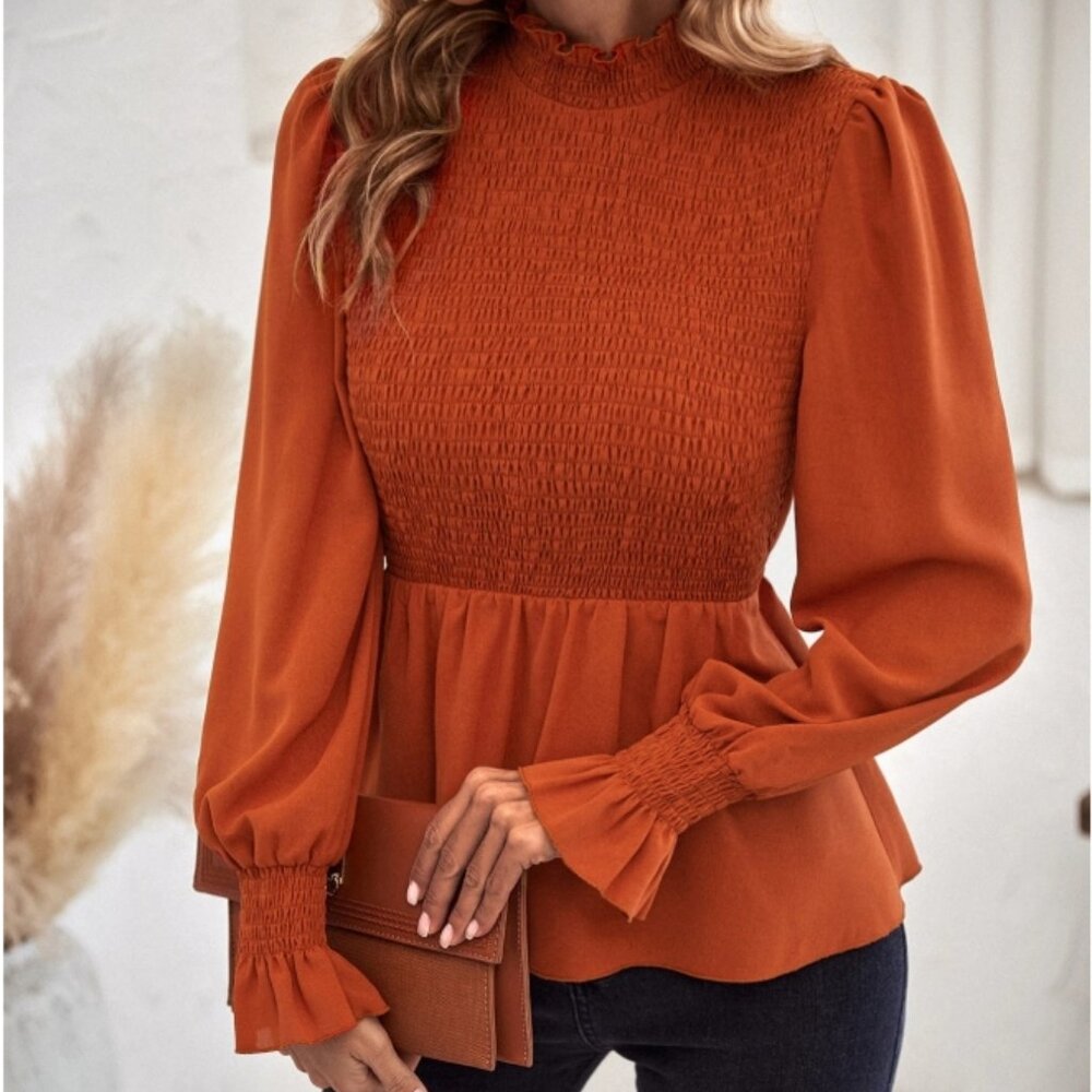 🤍 Women’s Rust Orange Smocked Peplum Blouse – Long Sleeve High Neck Top